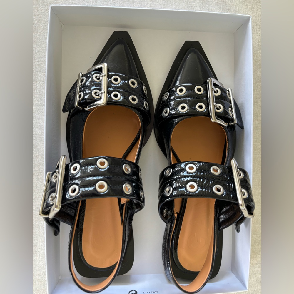 GANNI wide welt buckle ballerinas flats 37 7 black patent